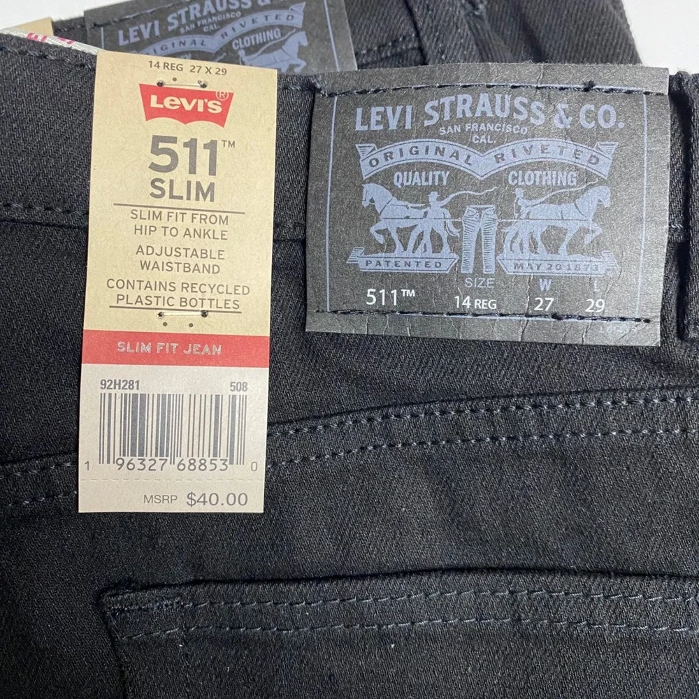 Levis 511 Slim Fit Performance Jeans Black Kids Size 14 Reg Adjustable Waist NWT